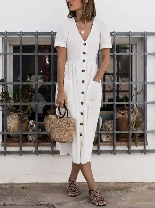 white button linen dress