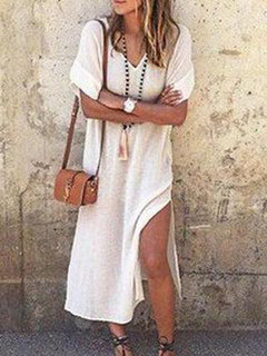 Casual Shift V-neck Cut Out Polyester Casual Dresses (Style V100157)