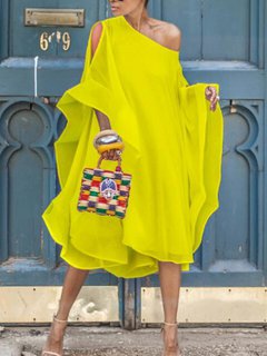 Oversized Asymmetric Solid Color Ruffle Chiffon Casual Dresses (Style V100160)