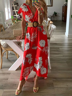 Fashion A-line Deep V Neck Printed Pattern Midi Dresses (Style V100169)
