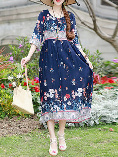 Cute Tunic Printed Pattern Polyester Midi Dresses (Style V100171)