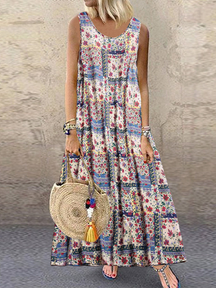 Apricot Bohemian Shift Scoop Neck Pattern Polyester Maxi Dresses (Style ...