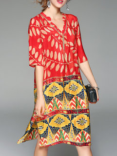 Casual Shift V-neck Printed Pattern Casual Dresses (Style V100175)