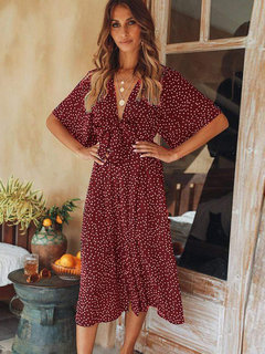 Vintage Deep V Neck Polka Dot Bow Polyester Midi Dresses (Style V100178)