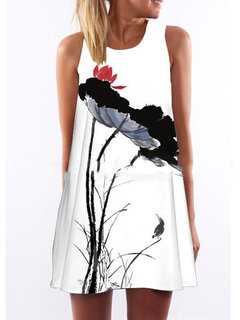 Sexy Round Neck Plants Pattern Polyester Casual Dresses (Style V100191)
