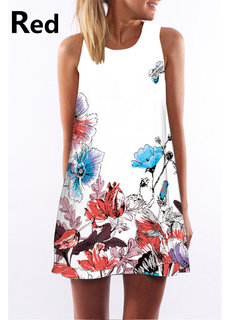 Beach Straight Round Neck Printed Polyester Casual Dresses (Style V100194)