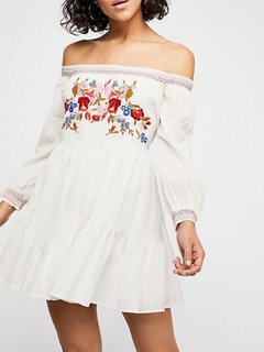 Beach A-line Off The Shoulder Ruffle Cotton Blends Casual Dresses (Style V100195)