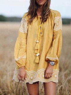 Casual Shift Round Neck Wavy Edge Cotton Blends Casual Dresses (Style V100209)