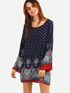 Straight Round Neck Printed Pattern Dacron Boho Dresses (Style V100224)