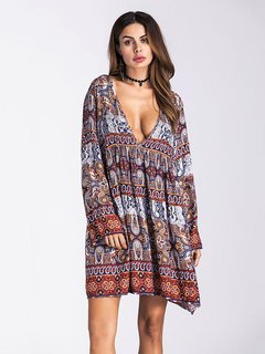 Sexy Shift Deep V Neck Pattern Dacron Boho Dresses (Style V100225)