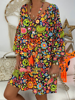 Bohemian Shift V-neck Floral Polyester Boho Dresses (Style V100237)