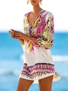 Beach Straight V-neck Floral Polyester Boho Dresses (Style V100239)