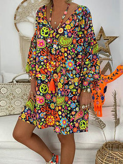 Beach Deep V Neck Floral Pattern Polyester Boho Dresses (Style V100241)