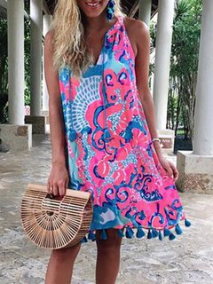 Beach Shift V-neck Pattern Polyester Boho Dresses (Style V100245)