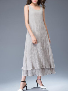 Fashion Round Neck Solid Color Double Decker Linen Maxi Dresses (Style V100257)