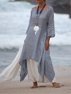 Shift Round Neck Two Tone Swallowtail Linen Casual Dresses (Style V100259)