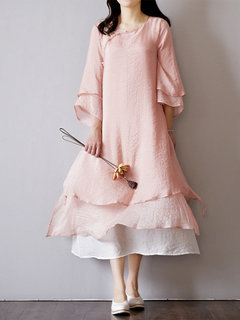 Fashion A-line Round Neck Solid Color Button Casual Dresses (Style V100263)