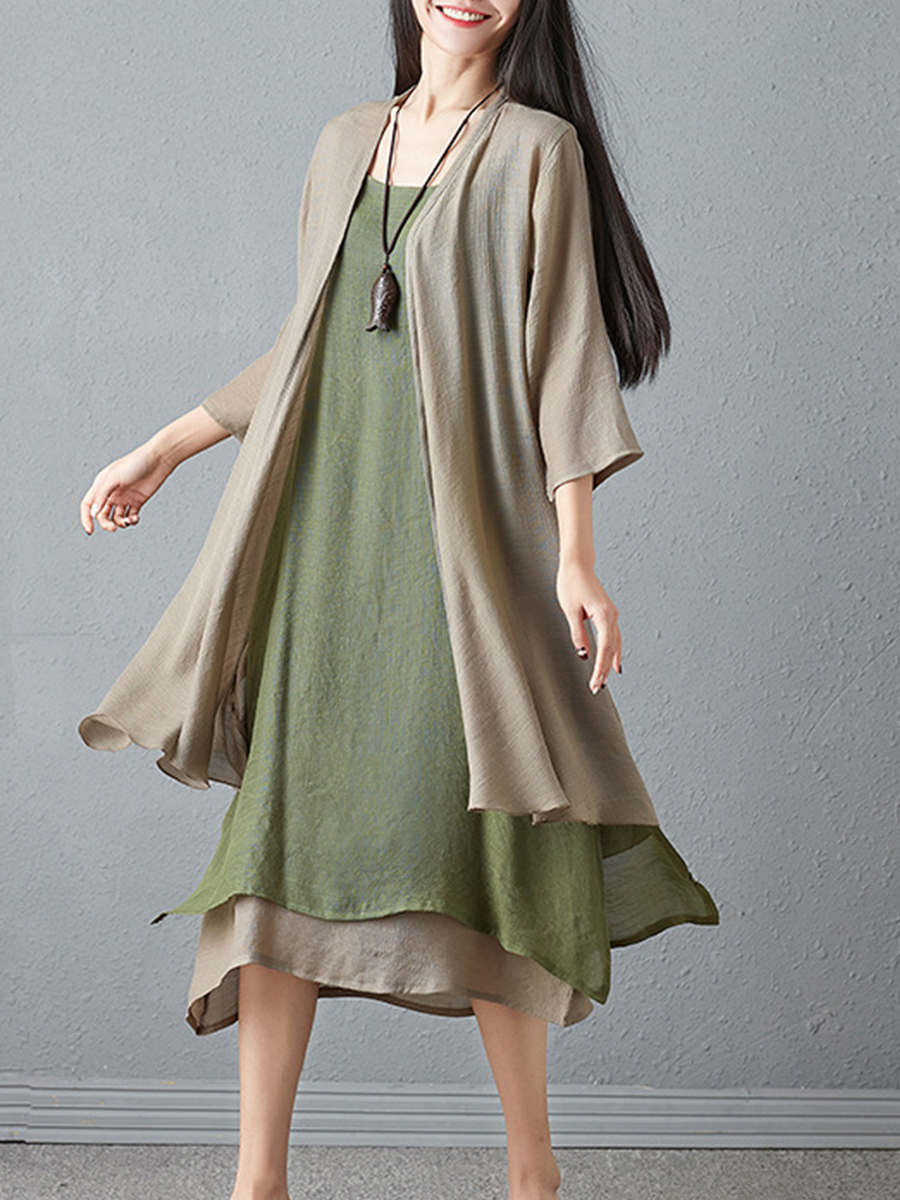 Vintage Khaki Fashion Shift Solid Color Two Piece Linen Casual Dresses (Style V100264) - VEDACHIC