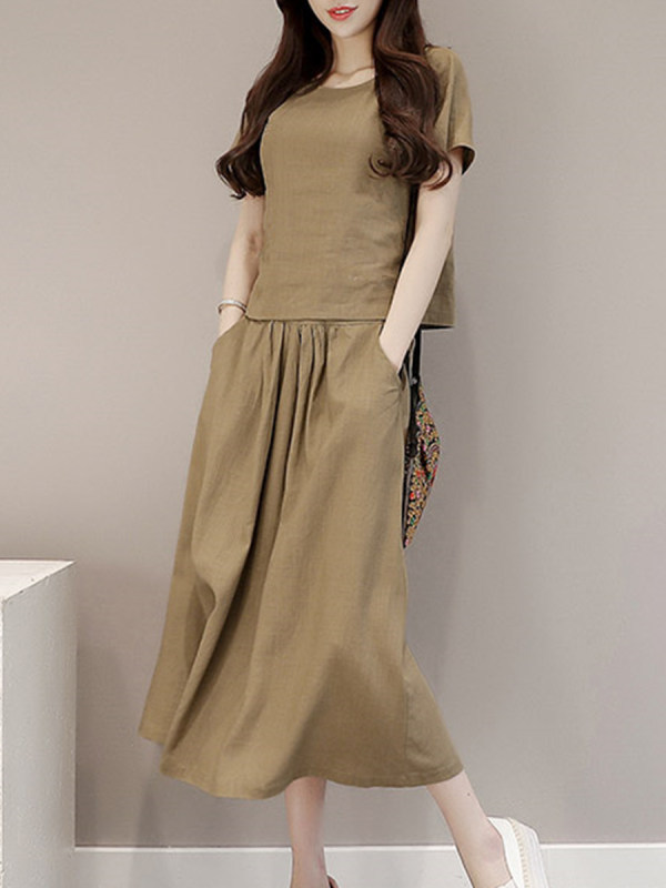 Vintage Khaki Fashion A-line Solid Color Ruffle Linen Casual Dresses ...