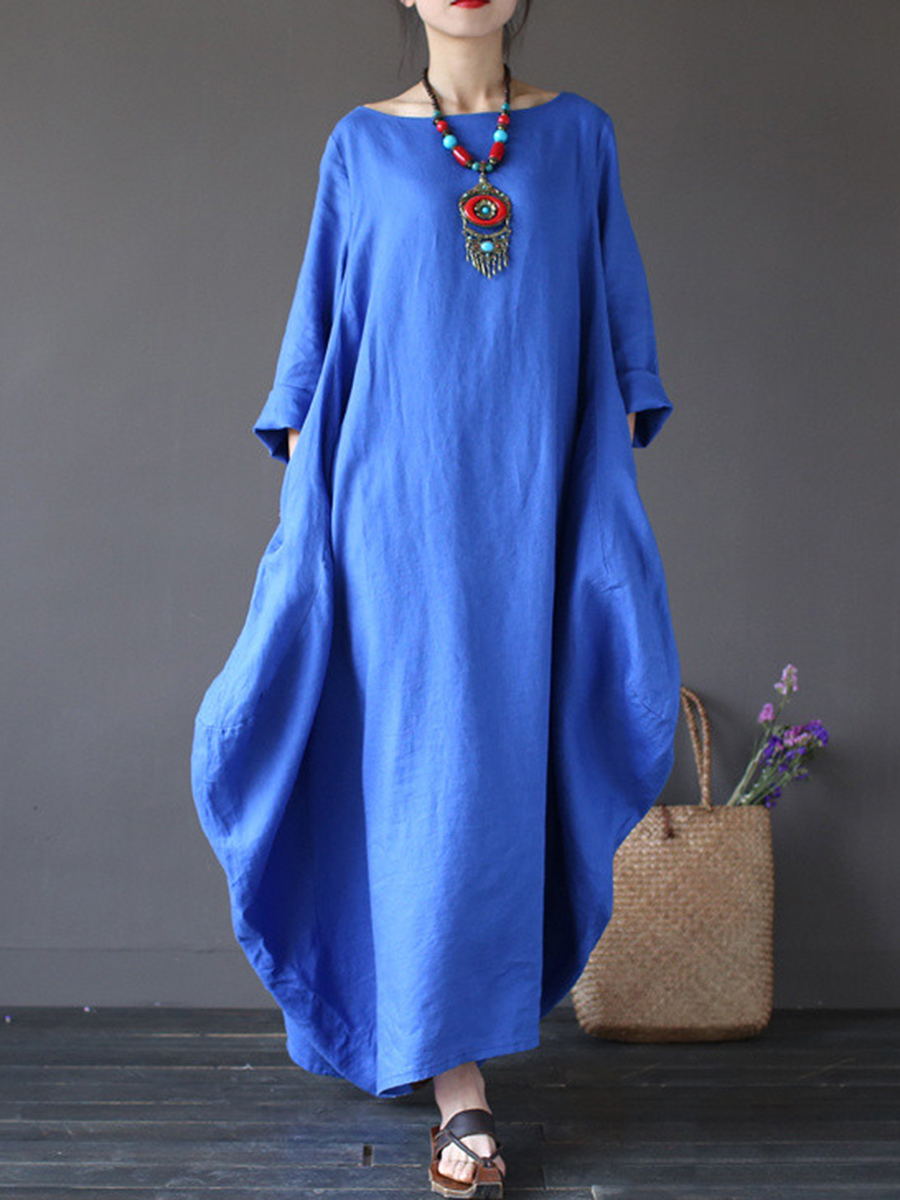 Blue Casual Cocoon Solid Color Pockets Linen Casual Dresses (Style ...