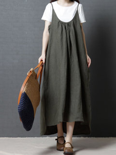 Shift Spaghetti Strap Solid Color Swallowtail Linen Casual Dresses (Style V100290)