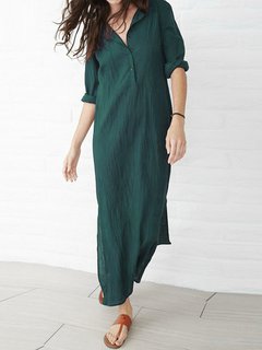 Shift V-neck Solid Color Button Linen Maxi Dresses (Style V100299)
