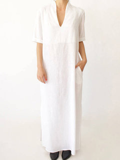 Basic Straight Stand Collar Pockets Linen Casual Dresses (Style V100302)