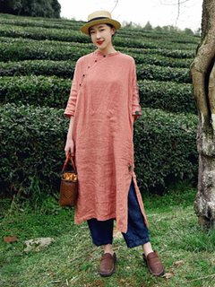 Modest Shift Plaid Button Linen Casual Dresses (Style V100304)