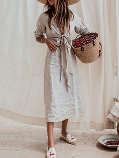 Beach A-line Deep V Neck Belt Polyester Linen Dresses (Style V100305)