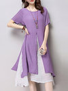 A-line Round Neck Solid Color Cut Out Linen Casual Dresses (Style V100313)