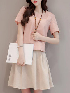 Fashion A-line Round Neck Solid Color Linen Mini Dresses (Style V100316)