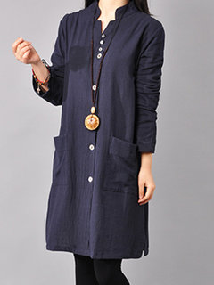 Casual Notched Solid Color Button Linen Casual Dresses (Style V100320)