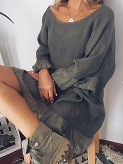 Sexy Boat Neck Solid Color Ruffle Cotton Blends Casual Dresses (Style V100328)