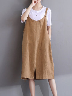 Shift Round Neck Solid Color Cut Out Linen Casual Dresses (Style V100338)