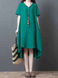 Casual Shift Solid Color Swallowtail Linen Casual Dresses (Style V100341)