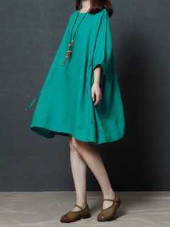 Shift Round Neck Solid Color Belt Linen Casual Dresses (Style V100343)