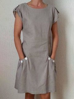 Casual Round Neck Solid Color Button Linen Casual Dresses (Style V100352)