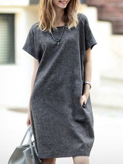 Modest Shift Boat Neck Solid Color Linen Casual Dresses (Style V100353)