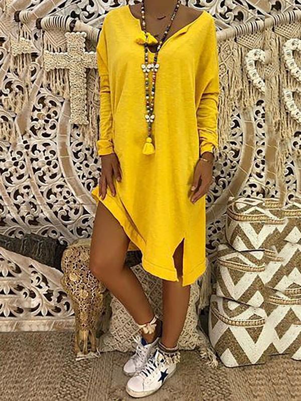 Yellow Casual V-neck Solid Color Pattern Polyester Casual Dresses ...