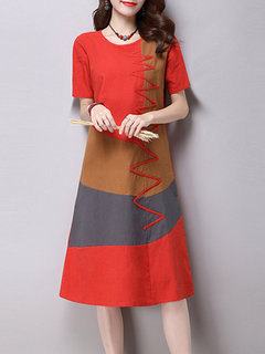 Modest A-line Round Neck Patchwork Pattern Casual Dresses (Style V100357)