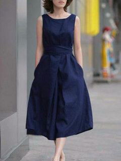 Basic A-line Round Neck Solid Color Pattern Casual Dresses (Style V100358)