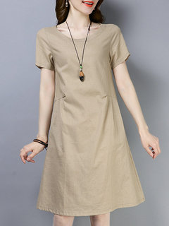 Modest A-line Round Neck Solid Color Linen Casual Dresses (Style V100365)