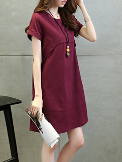 Straight Round Neck Solid Color Pattern Linen Mini Dresses (Style V100366)