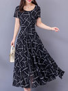 Basic Fit And Flare Round Neck Printed Polyester Casual Dresses (Style V100368)