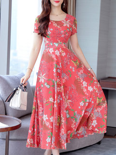 Modest A-line Round Neck Pattern Polyester Maxi Dresses (Style V100370)