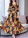 A-line Round Neck Printed Pattern Polyester Maxi Dresses (Style V100372)