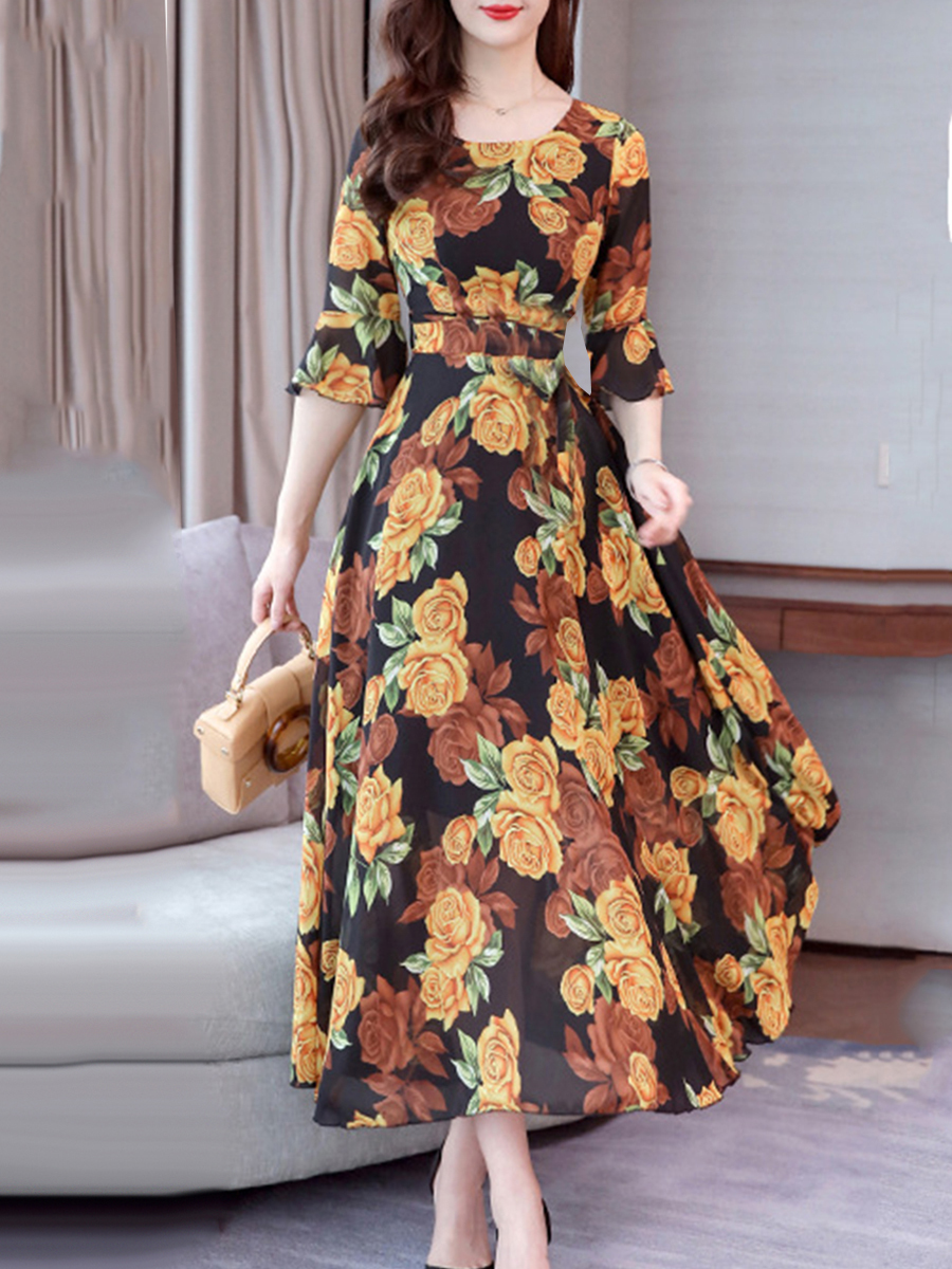 Yellow A-line Round Neck Printed Pattern Polyester Maxi Dresses (Style ...