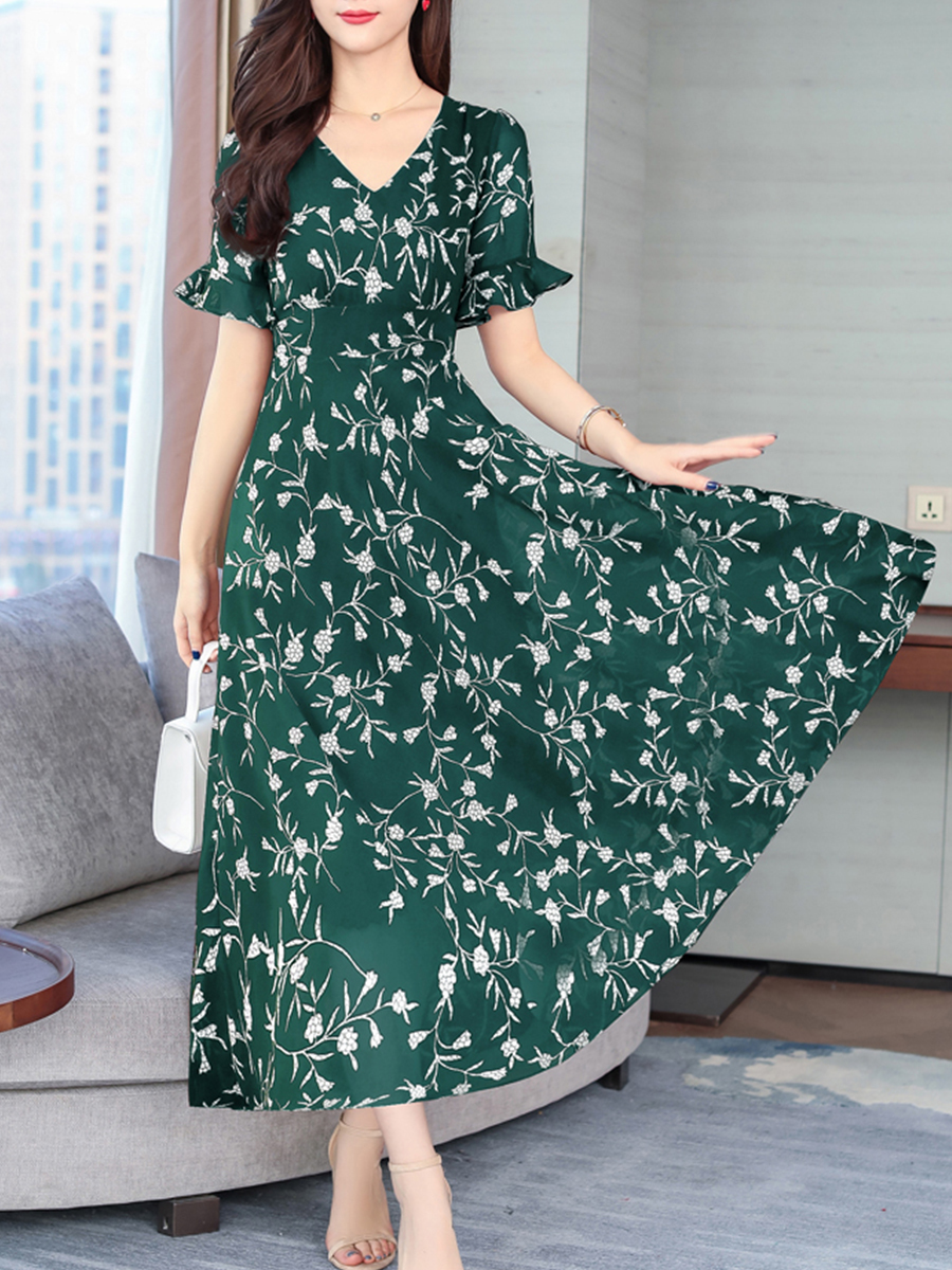 Green Basic V-neck Printed Pattern Polyester Maxi Dresses (Style ...