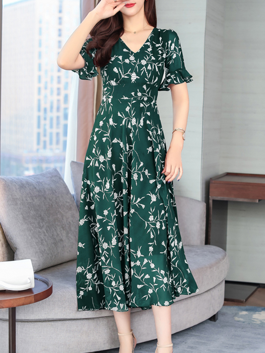 Green Basic V-neck Printed Pattern Polyester Maxi Dresses (Style ...