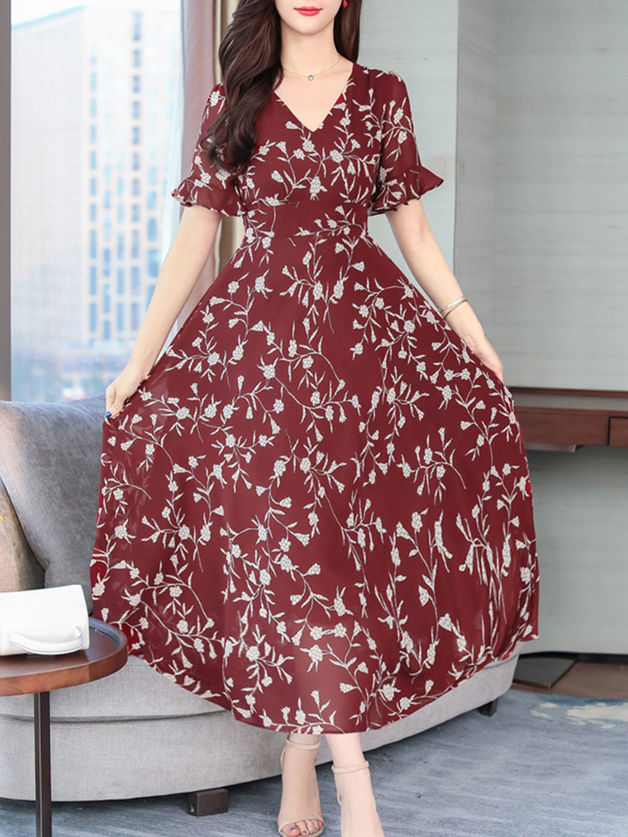 Red Basic Vneck Printed Pattern Polyester Maxi Dresses (Style V100373